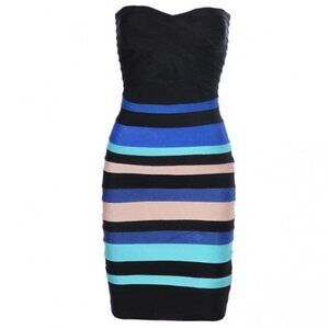 Herve Leger Strapless Bandage Dress Blue Stripe Bodycon